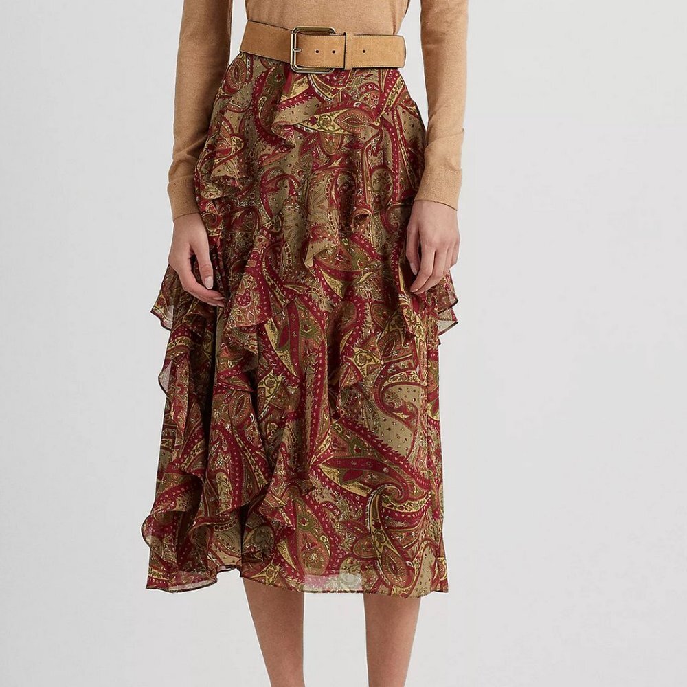 Lauren Ralph Lauren Paisley Ruffle Trim Georgette Midi Skirt